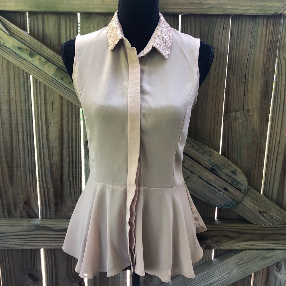 A.Maglia Tan Sleeveless Peplum Blouse with Sequin Collar & Lace Panel in Back